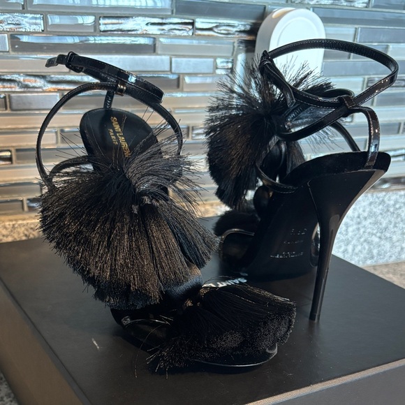 YSL Vernice Chiffon Tassel Embellished Pierre Pon Pon 110 Sandals - Picture 4 of 10